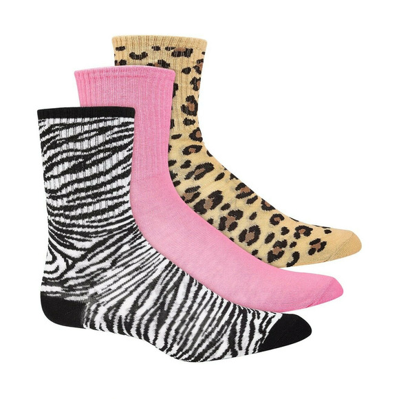 Jenni Women's 3pk Animal-Print Crew Socks, Zebra, Cheetah, Pink, NWT - Picture 1 of 1